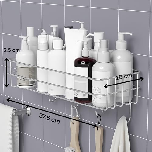 Boniry 4 Pcs Stainless Steel Bathroom Shelf for Wall | Self Adhesive Bathroom Organiser | 4 Hooks for Towel Holder | Space-Saving Wall Mounted Bathroom Shelf with Elegant Design (Silver) - Image 2
