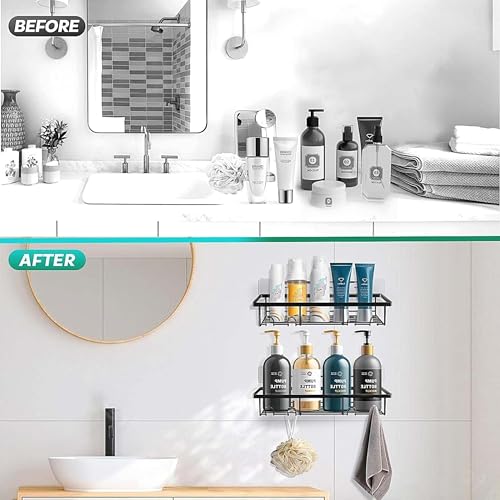 Boniry 4 Pcs Stainless Steel Bathroom Shelf for Wall | Self Adhesive Bathroom Organiser | 4 Hooks for Towel Holder | Space-Saving Wall Mounted Bathroom Shelf with Elegant Design (Silver) - Image 4