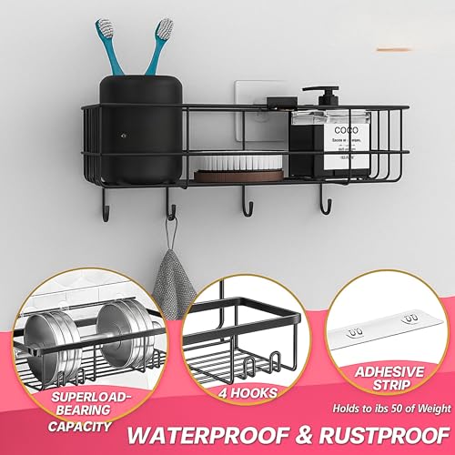 Boniry 4 Pcs Stainless Steel Bathroom Shelf for Wall | Self Adhesive Bathroom Organiser | 4 Hooks for Towel Holder | Space-Saving Wall Mounted Bathroom Shelf with Elegant Design (Silver) - Image 3