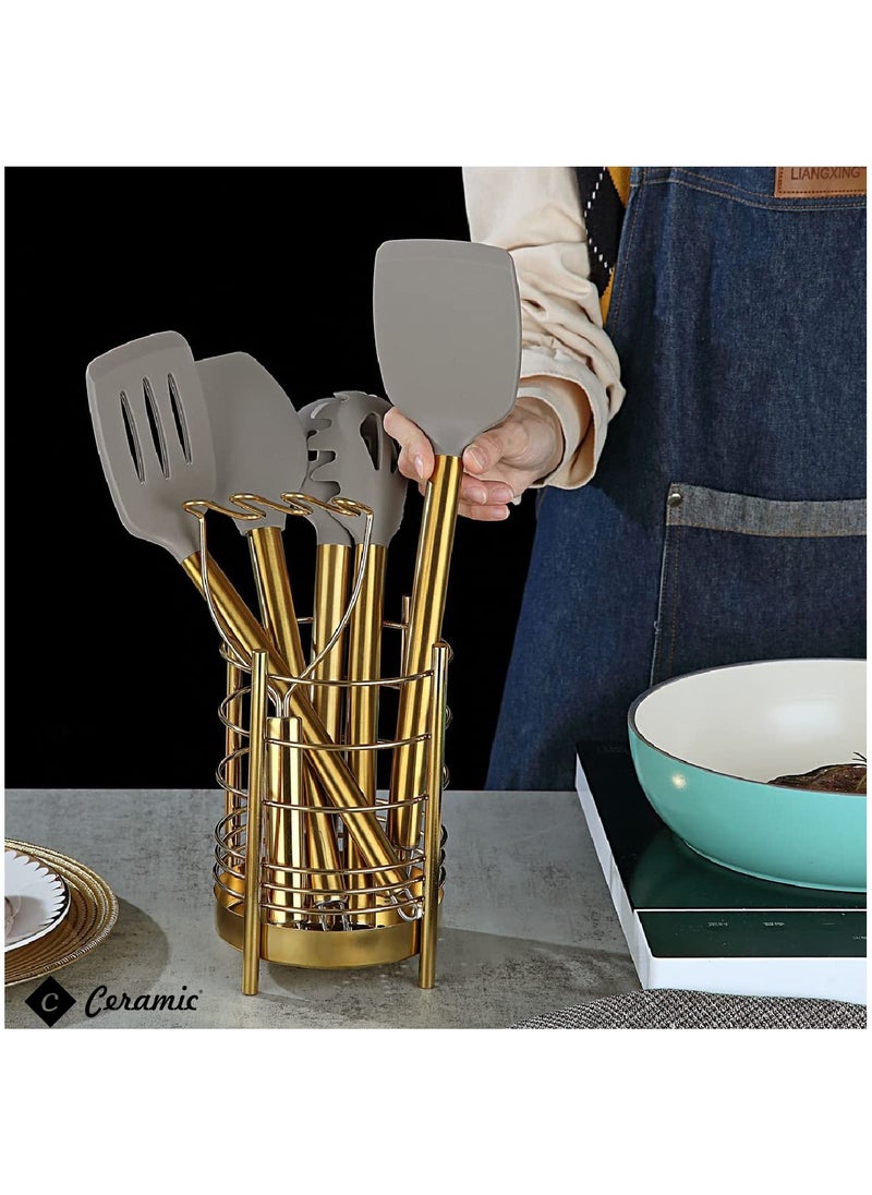 CERAMIC - Kitchen Utensils Set 33 Pieces Non Stick Silicone Cooking Utensils Set Kitchen Tools Set Spoon Spatula Set With Sturdy Stainless Steel Utensil Holder Dishwasher Safe Golden - Image 1