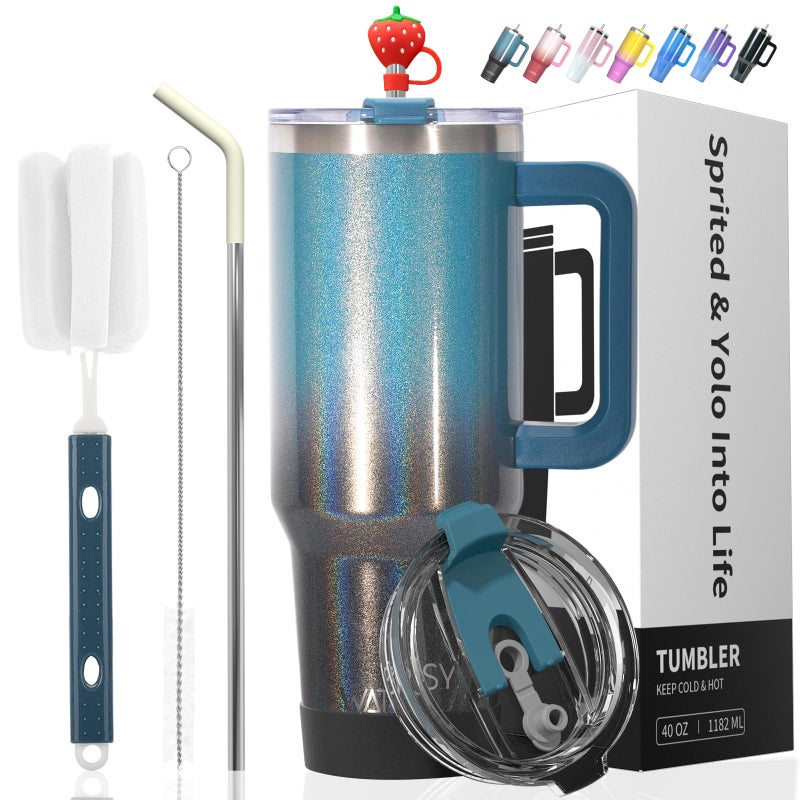 WATERSY 30 oz Shiny Tumbler with Handle and Straw,Stainless Steel Tumbler with Lid and Straw,Insulated Travel Mug(Cold for 34 Hours),Water Bottle for Iced Tea,Coffee (Black Blue) - Image 1