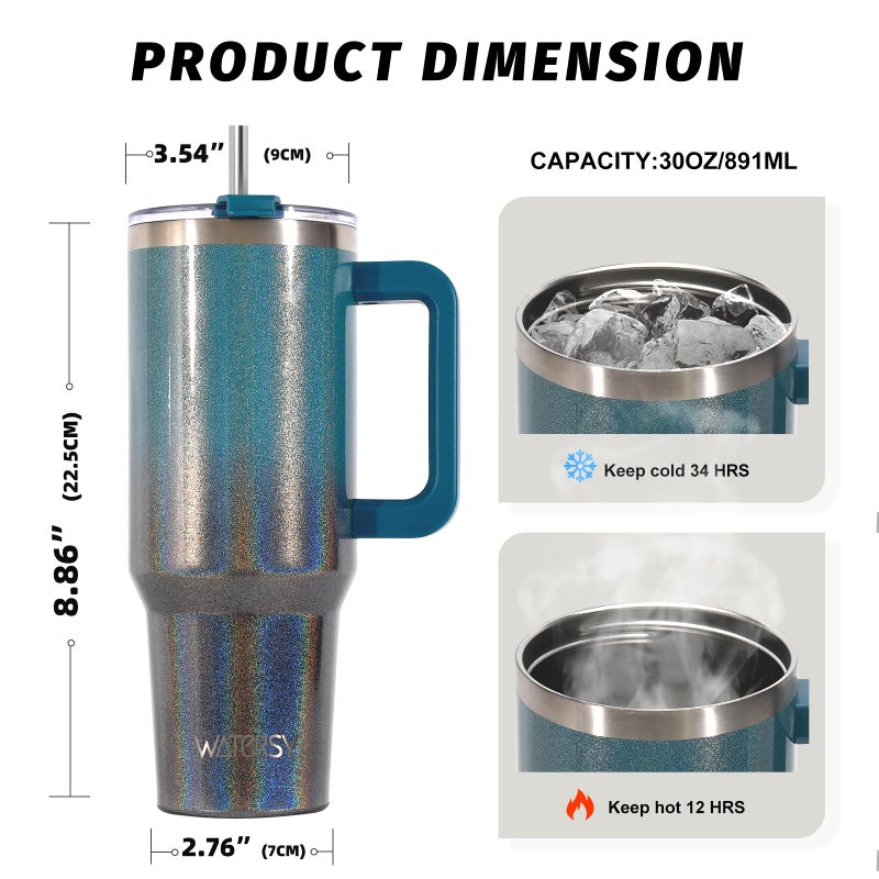 WATERSY 30 oz Shiny Tumbler with Handle and Straw,Stainless Steel Tumbler with Lid and Straw,Insulated Travel Mug(Cold for 34 Hours),Water Bottle for Iced Tea,Coffee (Black Blue) - Image 2