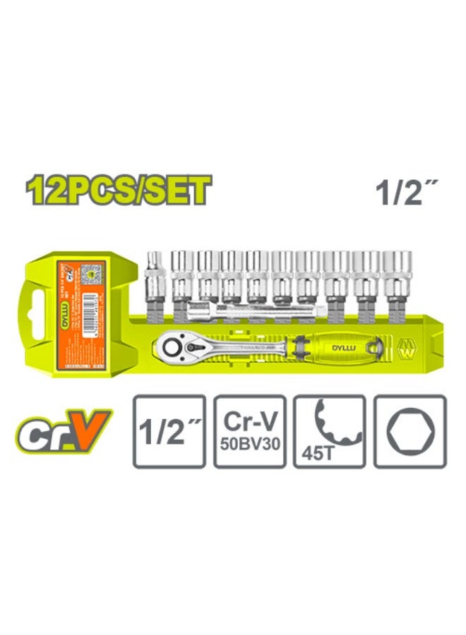 12 Pcs 1/2" Socket Set with Ratchet Handle and Extension Bar