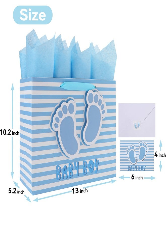 wishinside 13” Large Baby Boy Gift Bag Set with Handles, Greeting Card, Blue Tissue Papers and Stickers for Boys Kids for Baby Shower, Boys' Birthday Party, Newborn, New Moms, Little One, 1st Baby, 3D Footprints Design, 1 Pcs - Image 2
