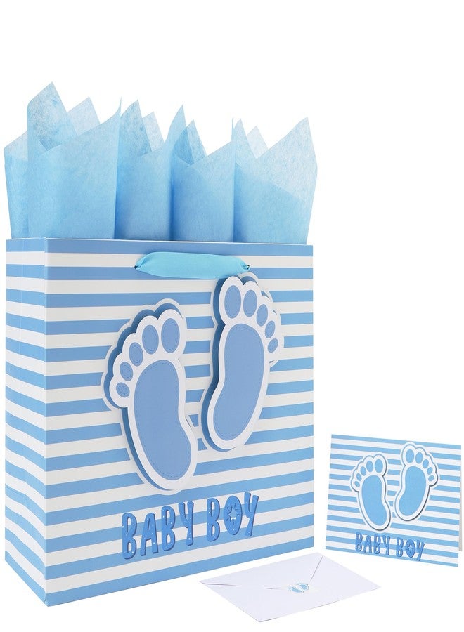 wishinside 13” Large Baby Boy Gift Bag Set with Handles, Greeting Card, Blue Tissue Papers and Stickers for Boys Kids for Baby Shower, Boys' Birthday Party, Newborn, New Moms, Little One, 1st Baby, 3D Footprints Design, 1 Pcs - Image 1
