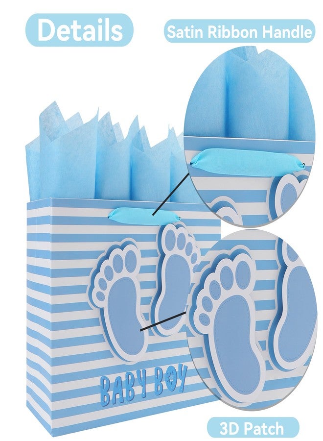 wishinside 13” Large Baby Boy Gift Bag Set with Handles, Greeting Card, Blue Tissue Papers and Stickers for Boys Kids for Baby Shower, Boys' Birthday Party, Newborn, New Moms, Little One, 1st Baby, 3D Footprints Design, 1 Pcs - Image 4