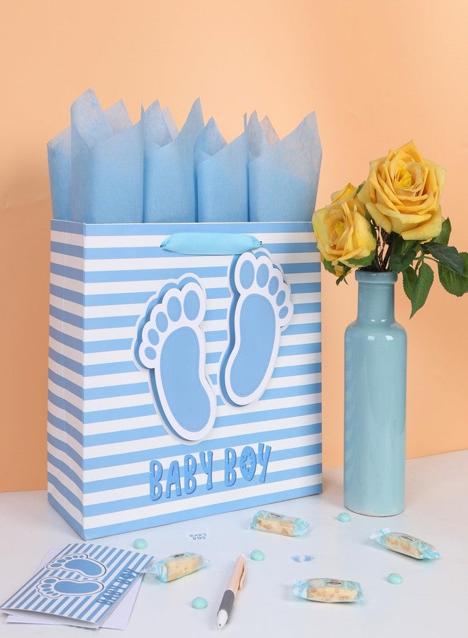 wishinside 13” Large Baby Boy Gift Bag Set with Handles, Greeting Card, Blue Tissue Papers and Stickers for Boys Kids for Baby Shower, Boys' Birthday Party, Newborn, New Moms, Little One, 1st Baby, 3D Footprints Design, 1 Pcs - Image 5