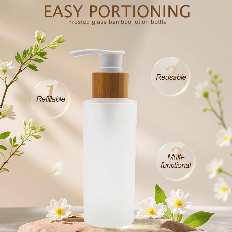 Natuworld 1PCS 120ml/4oz Frosted Glass Pump Bottles Empty Refillable Press Pump Bottle with Bamboo Pump Head Toiletries Storage Containers for Shampoo Essential Oils Shower Gel Hand Wash Lotion Dispenser - Image 4