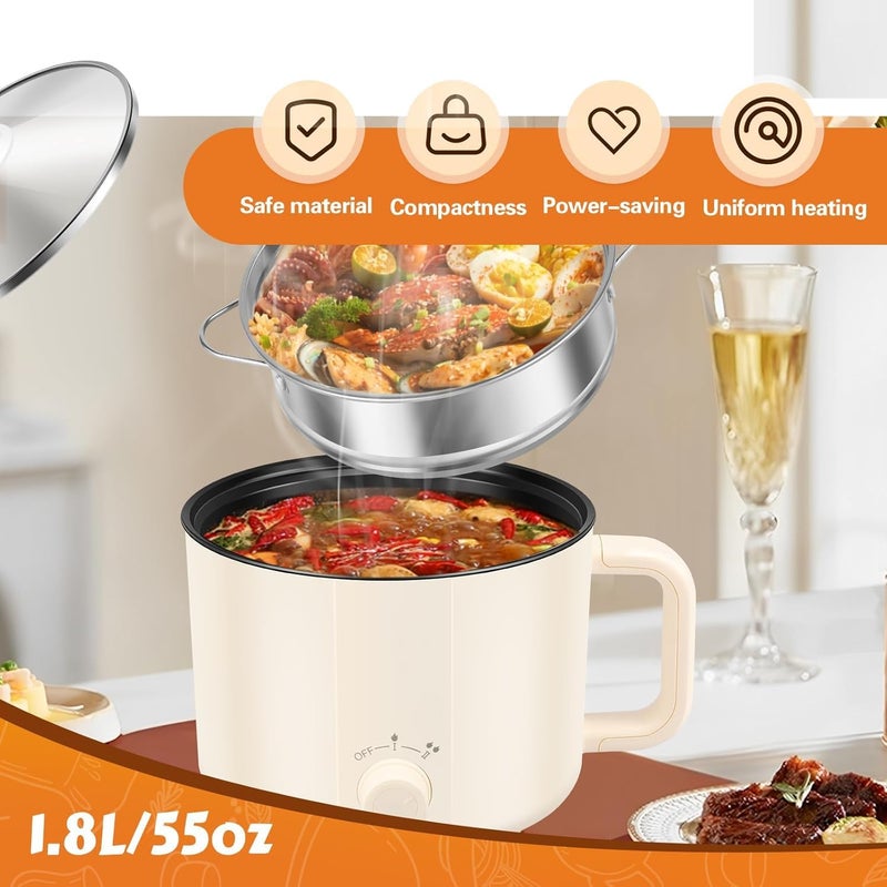 Azonee قدر كهربائي ساخن، 1.8 لتر محمول غير لاصق طنجرة صغيرة متعددة الوظائف، مقلاة كهربائية سفر ��اثنين من الوضعين مع حماية من الغليان الجاف للسخونة الزائدة للستيك/نودلز الرامن/المعكرونة/البيض/الحساء - Image 2