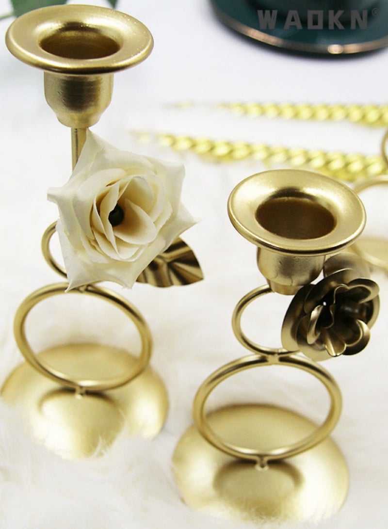 WAOKN Metal Base Simulated Flower Double-ring Candle Holder, Gold-plated Wedding Decorations, Tabletop Metal Candle Holder, Party Dinner Event Decoration Crafts (Gold)  - Image 3