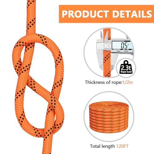 X XBEN Braided Polyester Arborist Rope 3/4 inch X 120ft, 48 Strands, 12 Inner core,8626 LBS Breaking Strength Outdoor Rope, Arborist Rigging Rope for Rock Hiking Camping Swing Tree Rescue - Image 2