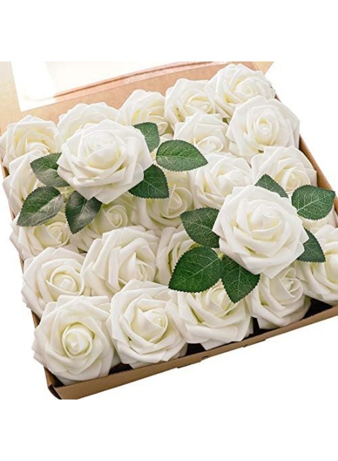 Artificial Flowers 25pcs Real Looking Fake Roses with Stems for DIY Wedding Bouquets White Bridal Shower Centerpieces Arrangements Party Tables Decorations - Image 1