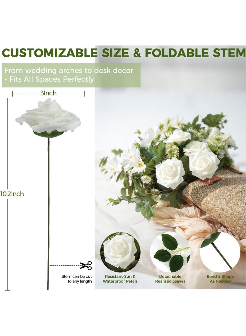 Artificial Flowers 25pcs Real Looking Fake Roses with Stems for DIY Wedding Bouquets White Bridal Shower Centerpieces Arrangements Party Tables Decorations - Image 2
