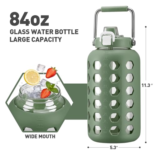 MUKOKO 84 oz Glass Water Bottles,2.5 Liter Gallon Drinking Bottle with Handle,Large Glass Water Jug with Silicone Sleeve for Gym Sports,Time Marker,Wide Mouth,Olive - Image 3