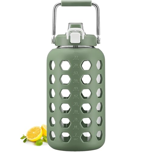 MUKOKO 84 oz Glass Water Bottles,2.5 Liter Gallon Drinking Bottle with Handle,Large Glass Water Jug with Silicone Sleeve for Gym Sports,Time Marker,Wide Mouth,Olive - Image 1