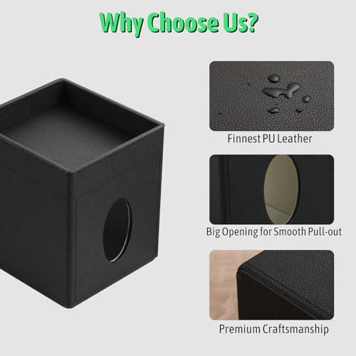 Lorteme Tissue Box Cover, PU Leather Square Tissue Box Holder with Upper Storage Tray for Bathroom/Countertop/Nightstand/Office Table - Black - Image 4
