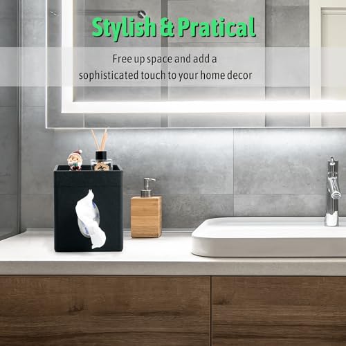 Lorteme Tissue Box Cover, PU Leather Square Tissue Box Holder with Upper Storage Tray for Bathroom/Countertop/Nightstand/Office Table - Black - Image 3