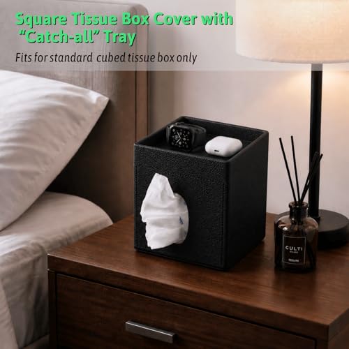 Lorteme Tissue Box Cover, PU Leather Square Tissue Box Holder with Upper Storage Tray for Bathroom/Countertop/Nightstand/Office Table - Black - Image 2