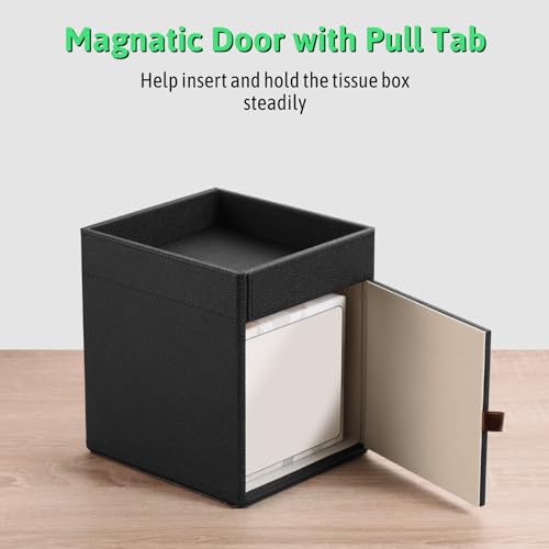 Lorteme Tissue Box Cover, PU Leather Square Tissue Box Holder with Upper Storage Tray for Bathroom/Countertop/Nightstand/Office Table - Black - Image 5