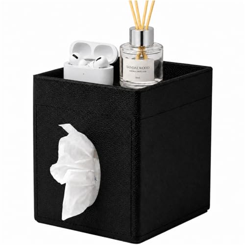 Lorteme Tissue Box Cover, PU Leather Square Tissue Box Holder with Upper Storage Tray for Bathroom/Countertop/Nightstand/Office Table - Black - Image 1