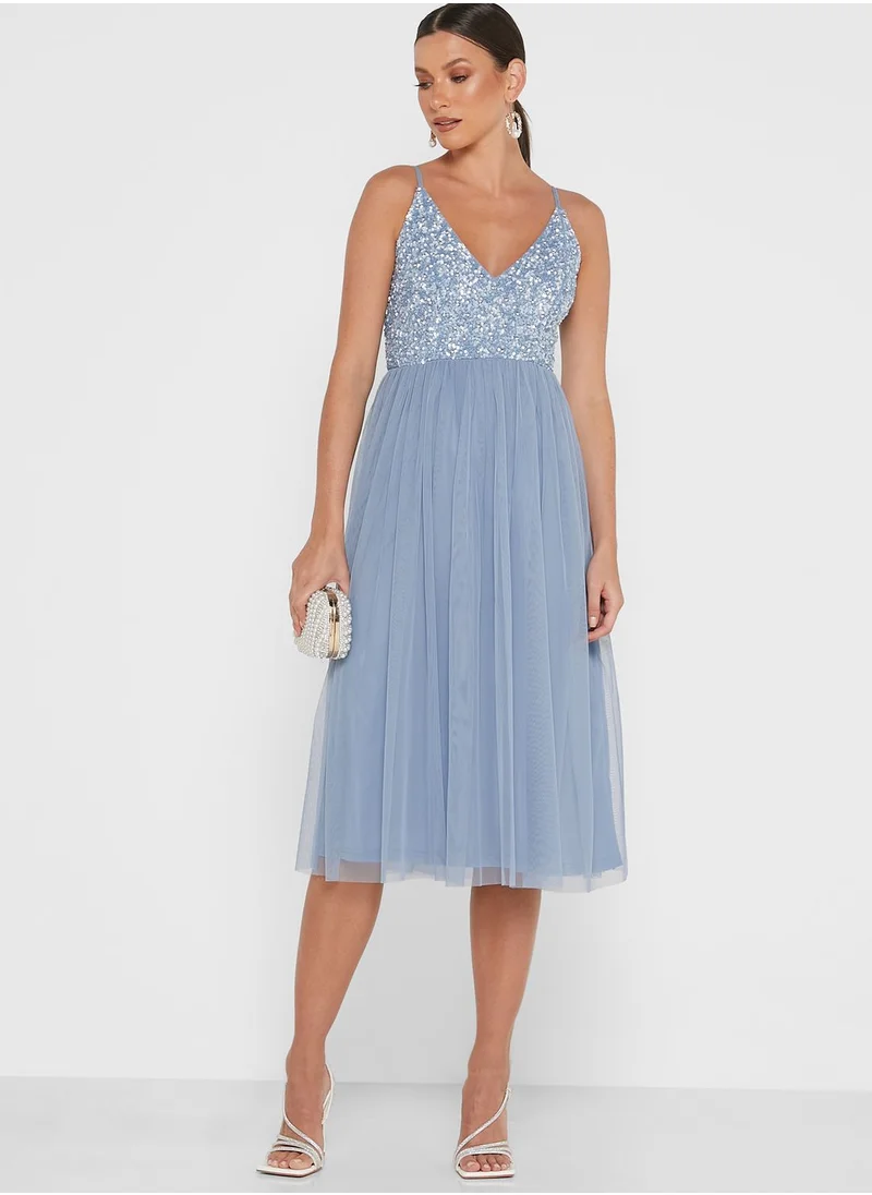 Lace and Beads Plunge Neck Cami Pleated Dress