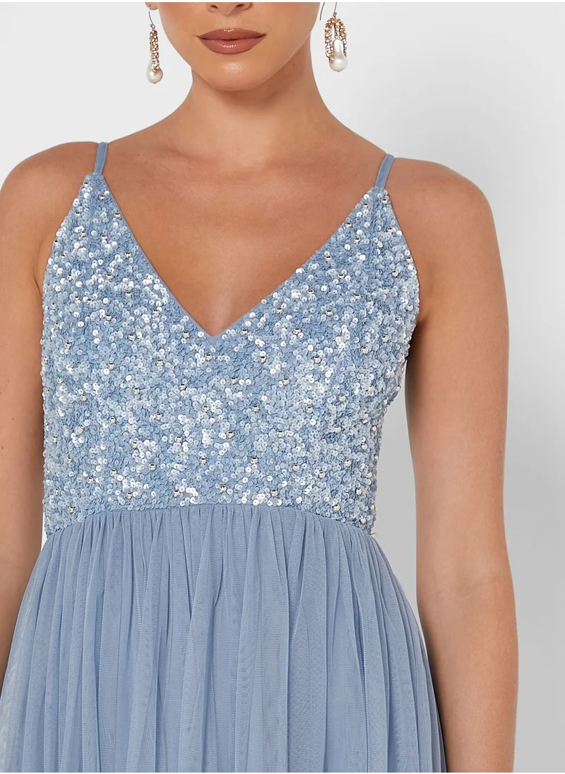Lace and Beads Plunge Neck Cami Pleated Dress