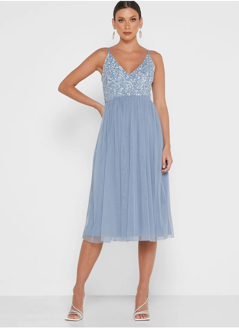 Lace and Beads Plunge Neck Cami Pleated Dress