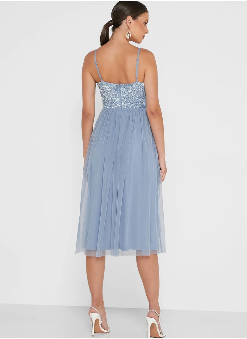 Lace and Beads Plunge Neck Cami Pleated Dress