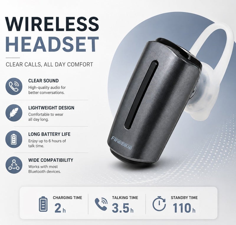 Fineblue Bluetooth Wireless Earpiece V5.4 Mono Headset with HD Clear Calls, Noise Reduction Microphone, Hands-Free Calling, Multipoint Pairing, Lightweight Ear Hook, Voice Prompt, Long Battery Life, Universal Compatible for Android & iOS Devices - Image 5