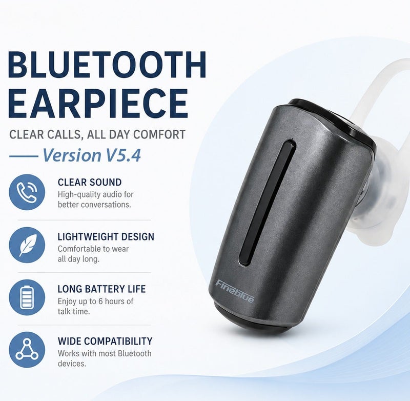Fineblue Bluetooth Wireless Earpiece V5.4 Mono Headset with HD Clear Calls, Noise Reduction Microphone, Hands-Free Calling, Multipoint Pairing, Lightweight Ear Hook, Voice Prompt, Long Battery Life, Universal Compatible for Android & iOS Devices - Image 4