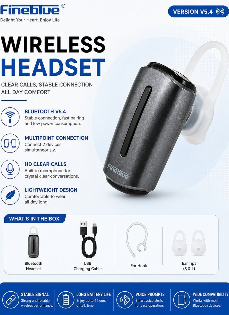 Fineblue Bluetooth Wireless Earpiece V5.4 Mono Headset with HD Clear Calls, Noise Reduction Microphone, Hands-Free Calling, Multipoint Pairing, Lightweight Ear Hook, Voice Prompt, Long Battery Life, Universal Compatible for Android & iOS Devices - Image 2
