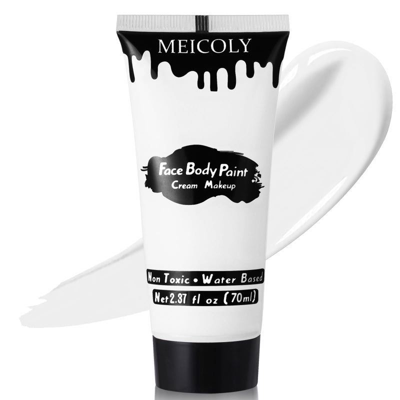 MEICOLY ميكولي كريم وجه وجسم أبيض، 2.37 أونصة أنبوب كبير مكياج أبيض، طلاء كامل الجسم مائي للبالغين والأطفال، مكياج هالوين SFX جمجمة جوكر زومبي مصاص دماء هيكل عظمي غوث كوسبلاي ميم - Image 1
