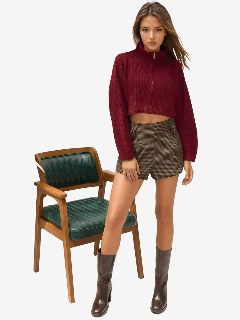 HICCUP Thick Knitwear Crop Sweater with Zipper Collar