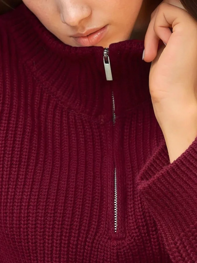 HICCUP Thick Knitwear Crop Sweater with Zipper Collar