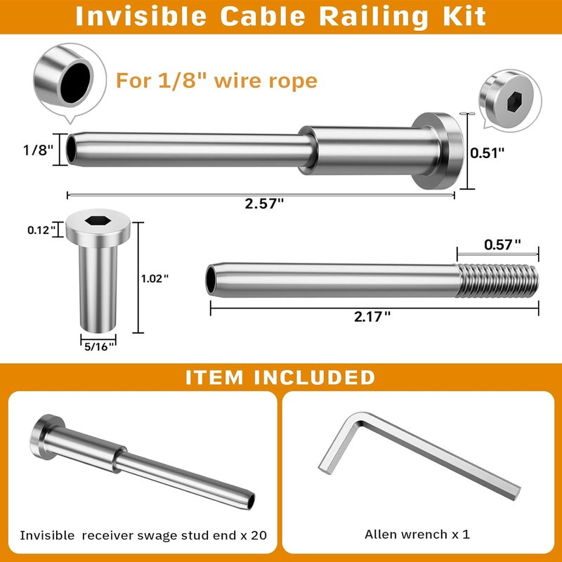 CELYND Invisible Cable Railing Kit - 20 Pack 1/8" T316 Stainless Steel Invisible Receiver Swage Stud End for 2"x2" Wood Metal Post - Deck Cable Railing Hardware - Image 2