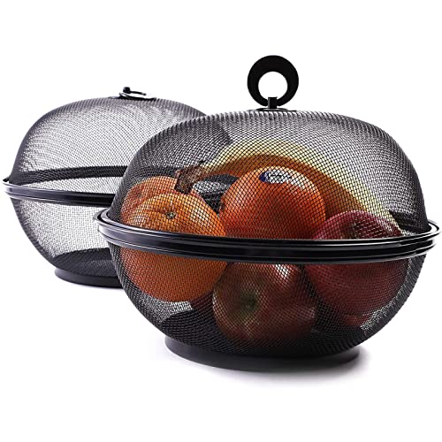 Juvale Mesh Fruit Basket with Lid - 10 in Round Black Iron Mesh, 2 Pack - Covered Bowl & Wire Basket for Countertop - Fruit Fly Proof Produce Keeper - Image 1