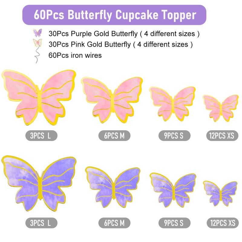 WOW DING 60Pcs Butterfly Cupcake Topper Pink Purple Gold, Lively 3D Butterflies for Cake Decor Birthday Anniversary Kids Wedding Girl Women Party Wall Food Decorations,Mixed Size - Image 5
