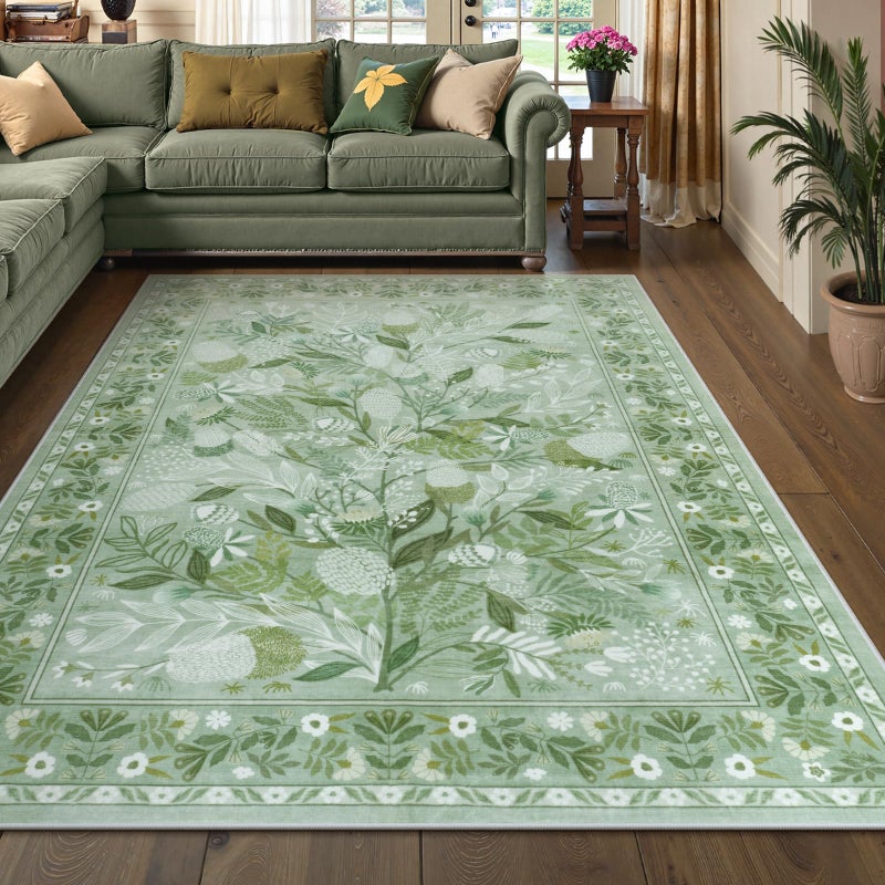Anidaroel Sage Green Botanical Washable Rugs 5x7, Non-Slip Large Area Rug for Living Room, Soft Modern Rugs for Bedroom Aesthetic, Stain Resistant Dining Room Mat Carpet for Dorm Playroom - Image 2