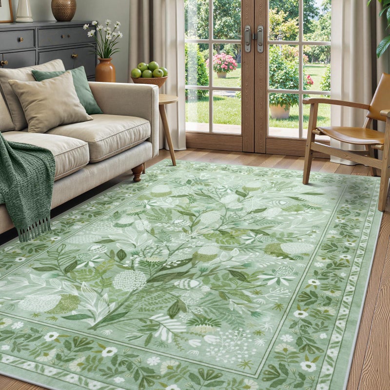 Anidaroel Sage Green Botanical Washable Rugs 5x7, Non-Slip Large Area Rug for Living Room, Soft Modern Rugs for Bedroom Aesthetic, Stain Resistant Dining Room Mat Carpet for Dorm Playroom - Image 1
