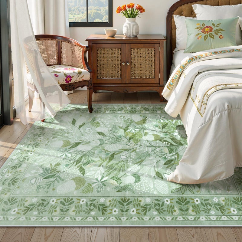 Anidaroel Sage Green Botanical Washable Rugs 5x7, Non-Slip Large Area Rug for Living Room, Soft Modern Rugs for Bedroom Aesthetic, Stain Resistant Dining Room Mat Carpet for Dorm Playroom - Image 3