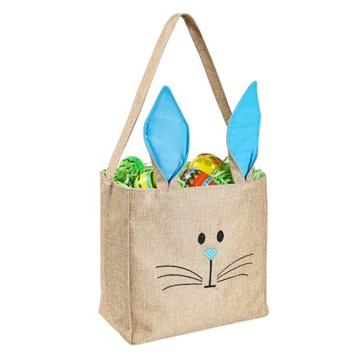 ATFUNSHOP Easter Baskets Bunny Bags Burlap Rabbit Tote Bags Pink for Eggs Hunt Kids Toddler Boys Girls - Image 1
