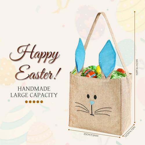 ATFUNSHOP Easter Baskets Bunny Bags Burlap Rabbit Tote Bags Pink for Eggs Hunt Kids Toddler Boys Girls - Image 4