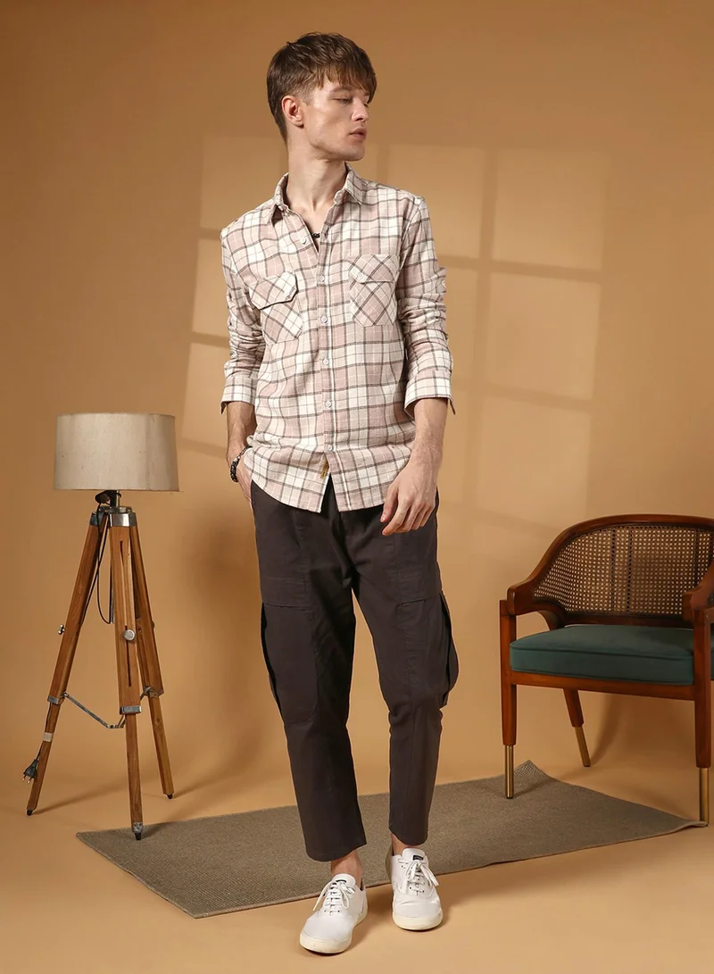 كامبوس سوترا Men's Soft Pink & Ivory White Buffalo Check Utility Shirt