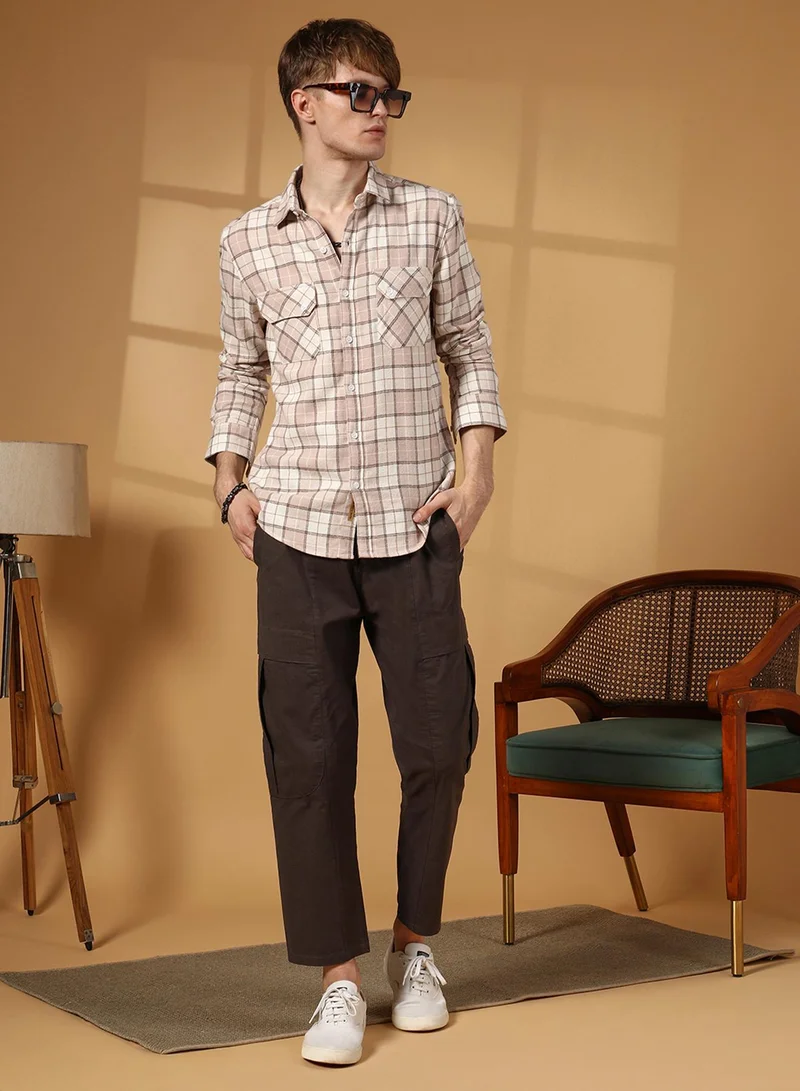 كامبوس سوترا Men's Soft Pink & Ivory White Buffalo Check Utility Shirt