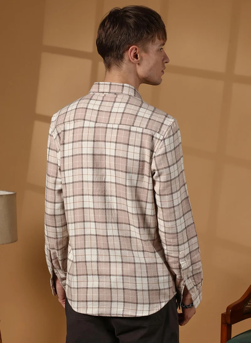 كامبوس سوترا Men's Soft Pink & Ivory White Buffalo Check Utility Shirt