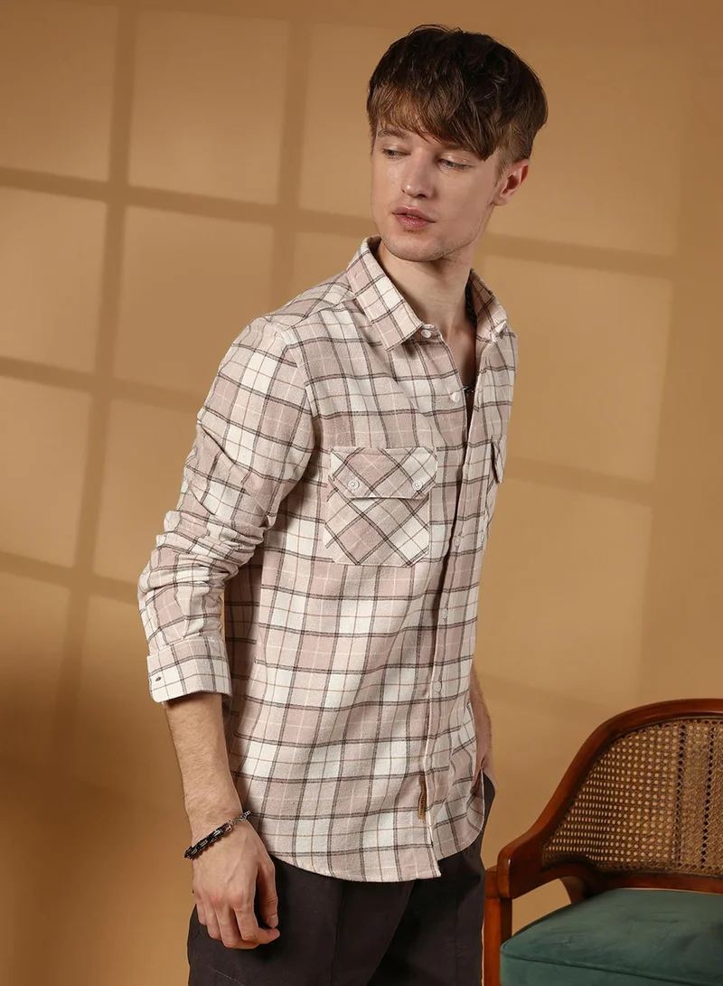 كامبوس سوترا Men's Soft Pink & Ivory White Buffalo Check Utility Shirt