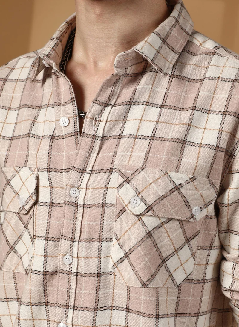 كامبوس سوترا Men's Soft Pink & Ivory White Buffalo Check Utility Shirt