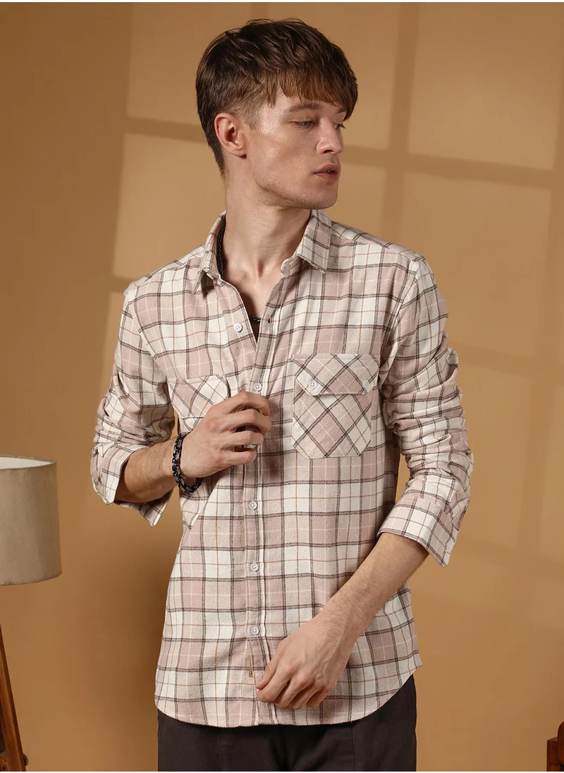 Campus Sutra Men's Soft Pink & Ivory White Buffalo Check Utility Shirt