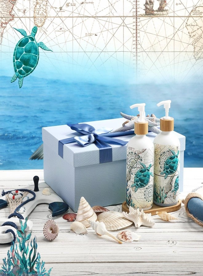 بوتشن موزع صابون زجاجي على شكل سلحفاة بحرية لعشاق السلاحف البحرية، سعة 16 أونصة، موزع صابون لليدين والأطباق بنكهة المحيط مع مضخة وصينية خشبية، هدية ديكور منزلي مستوحاة من المحيط، مناسبة لتدفئة المنزل أو لتزيين حوض الغسيل. - Image 2