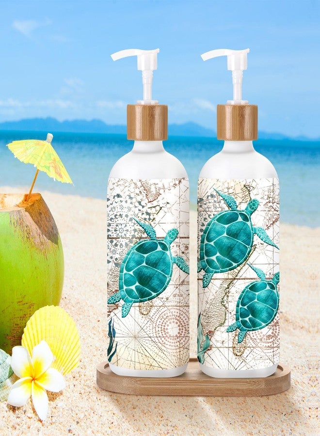 بوتشن موزع صابون زجاجي على شكل سلحفاة بحرية لعشاق السلاحف البحرية، سعة 16 أونصة، موزع صابون لليدين والأطباق بنكهة المحيط مع مضخة وصينية خشبية، هدية ديكور منزلي مستوحاة من المحيط، مناسبة لتدفئة المنزل أو لتزيين حوض الغسيل. - Image 1